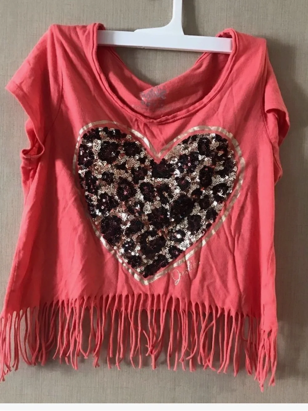 Justice Coral Fringe Tee with Leopard Sequin Heart Patch